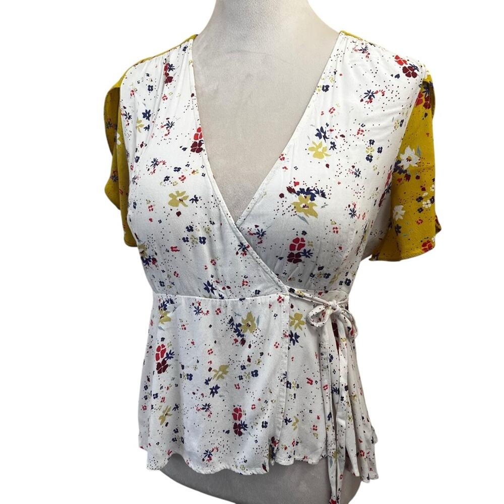 Anthropologie Meadow Rue Floral Wrap Blouse US Size 6 | Flutter Sleeve | Peplum